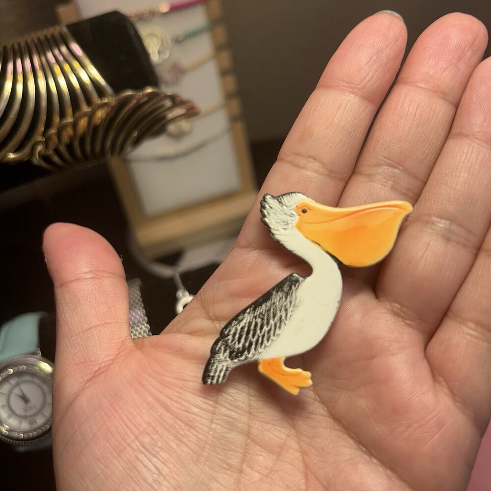 Vintage Pelican Bird Brooch Pin Black White Orange Acrylic Enamel Cute Retro